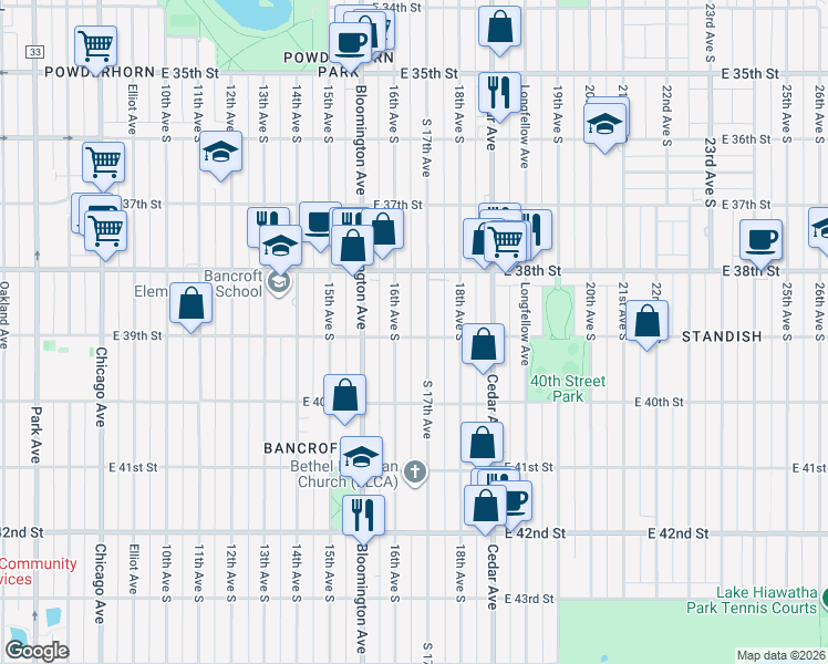 map of restaurants, bars, coffee shops, grocery stores, and more near 1612 East 39th Street in Minneapolis