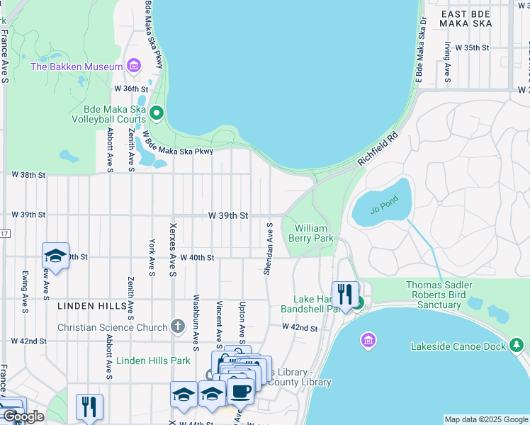 map of restaurants, bars, coffee shops, grocery stores, and more near 3844 Sheridan Avenue South in Minneapolis
