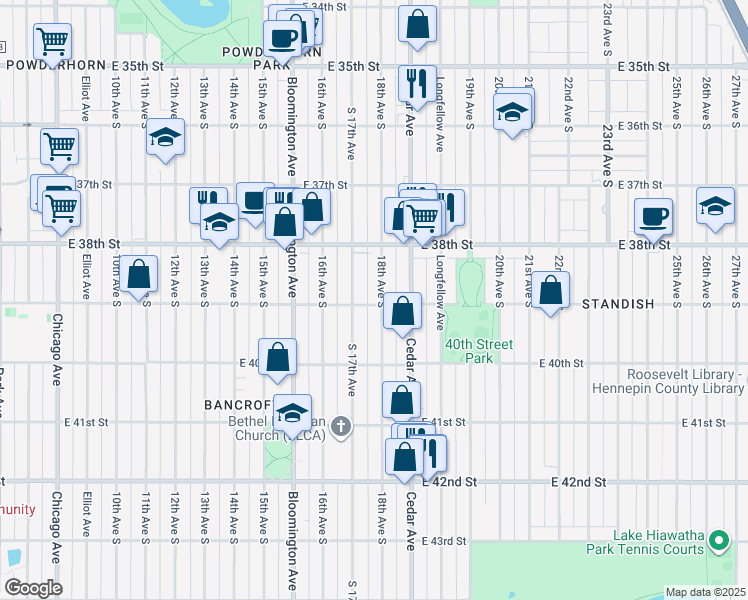 map of restaurants, bars, coffee shops, grocery stores, and more near 3848 18th Avenue South in Minneapolis
