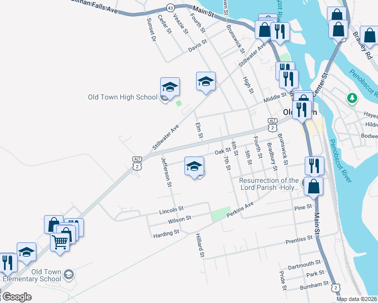 map of restaurants, bars, coffee shops, grocery stores, and more near 357 Center Street in Old Town