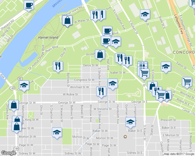 map of restaurants, bars, coffee shops, grocery stores, and more near 69 Congress Street West in Saint Paul