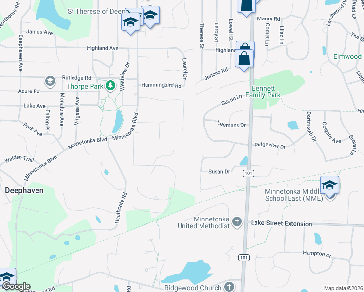 map of restaurants, bars, coffee shops, grocery stores, and more near 3900 Hillcrest Way in Wayzata
