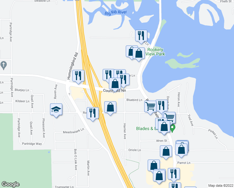 map of restaurants, bars, coffee shops, grocery stores, and more near 151507 County Road Nn in Wausau