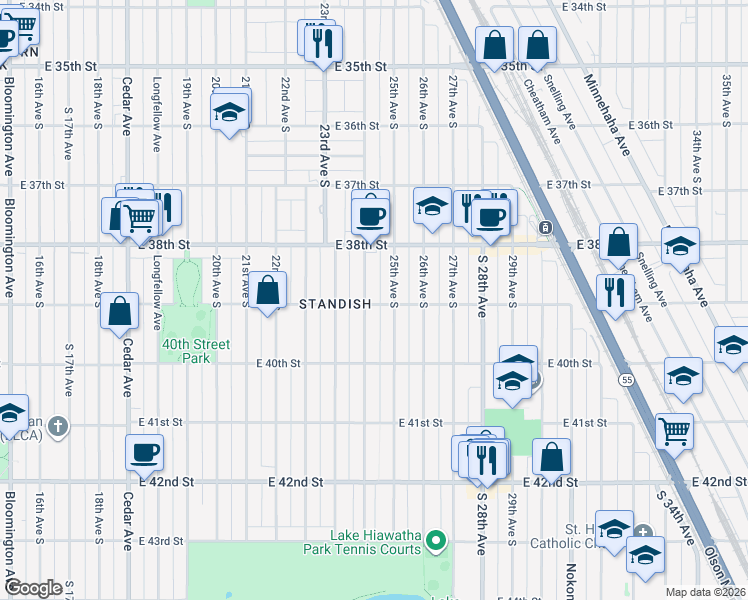 map of restaurants, bars, coffee shops, grocery stores, and more near 3857 24th Avenue South in Minneapolis
