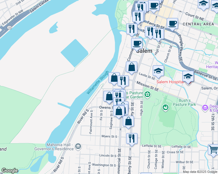 map of restaurants, bars, coffee shops, grocery stores, and more near 295 Kearney Street South in Salem