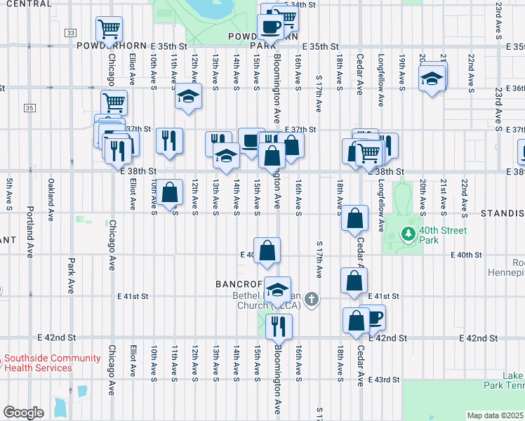 map of restaurants, bars, coffee shops, grocery stores, and more near 3859 South 15th Avenue in Minneapolis
