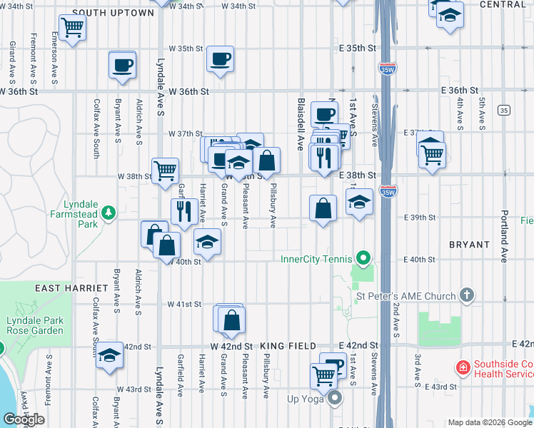 map of restaurants, bars, coffee shops, grocery stores, and more near 3854 Pillsbury Avenue in Minneapolis