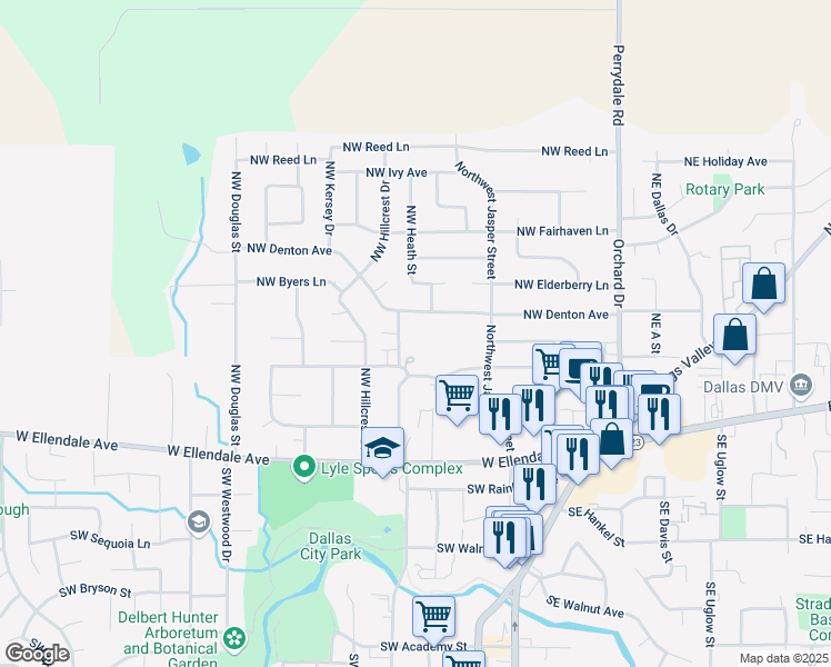 map of restaurants, bars, coffee shops, grocery stores, and more near 340 NW Tilgner Ln in Dallas