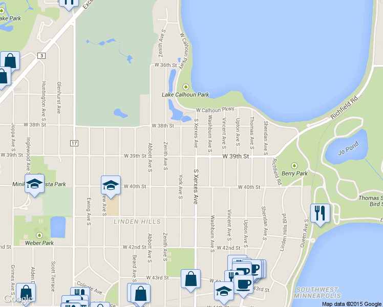 map of restaurants, bars, coffee shops, grocery stores, and more near 3847 York Avenue South in Minneapolis