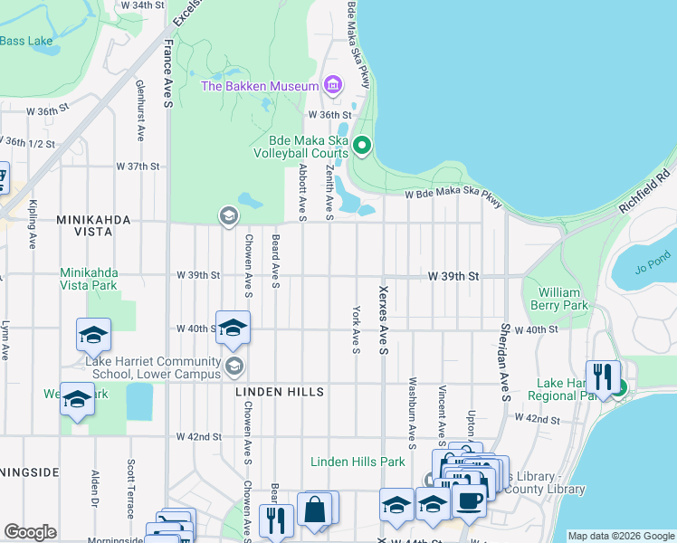 map of restaurants, bars, coffee shops, grocery stores, and more near 3847 Zenith Avenue South in Minneapolis