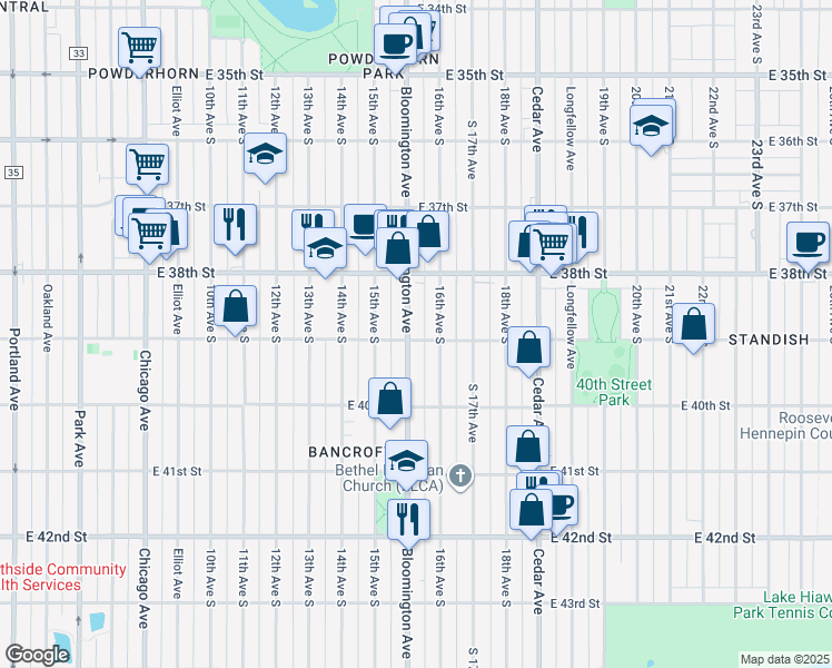 map of restaurants, bars, coffee shops, grocery stores, and more near 3849 Bloomington Avenue in Minneapolis