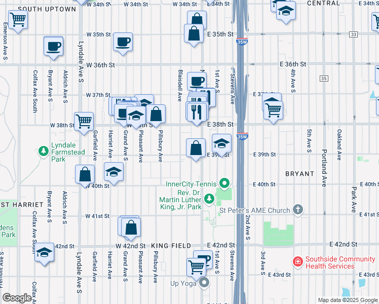 map of restaurants, bars, coffee shops, grocery stores, and more near 22 West 39th Street in Minneapolis
