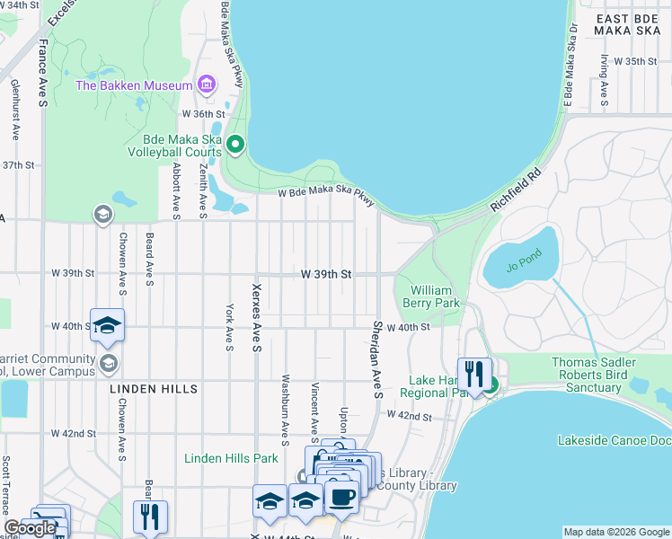 map of restaurants, bars, coffee shops, grocery stores, and more near 3845 Upton Avenue South in Minneapolis
