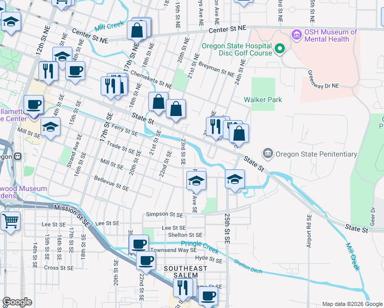 map of restaurants, bars, coffee shops, grocery stores, and more near 225 Richmond Avenue Southeast in Salem