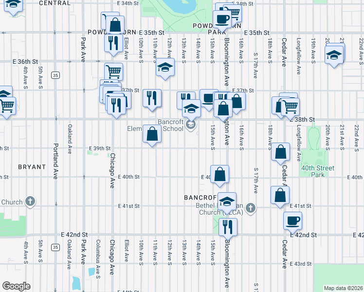 map of restaurants, bars, coffee shops, grocery stores, and more near 3852 13th Avenue South in Minneapolis