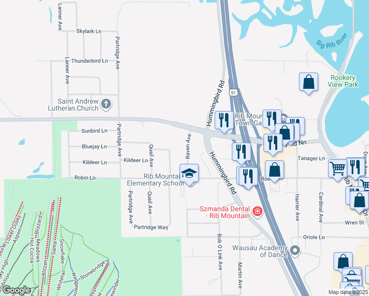 map of restaurants, bars, coffee shops, grocery stores, and more near 227508 Raven Avenue in Wausau