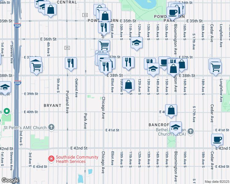 map of restaurants, bars, coffee shops, grocery stores, and more near 3855 Elliot Avenue in Minneapolis