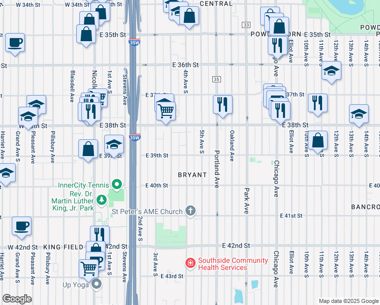 map of restaurants, bars, coffee shops, grocery stores, and more near 3857 4th Avenue South in Minneapolis