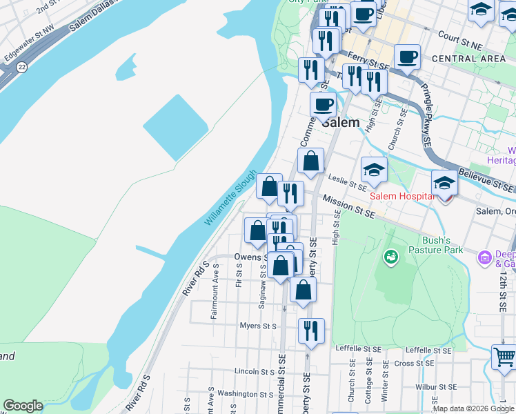 map of restaurants, bars, coffee shops, grocery stores, and more near 295 Kearney Street South in Salem