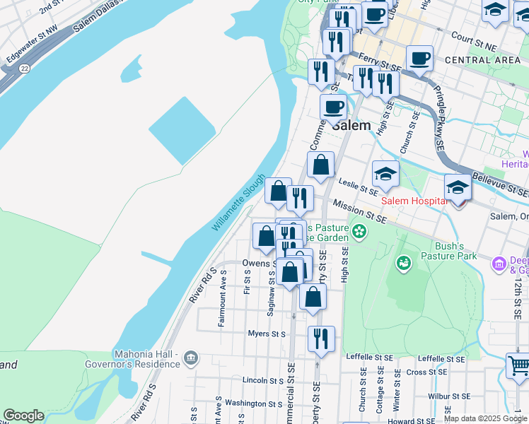 map of restaurants, bars, coffee shops, grocery stores, and more near 295 Kearney Street South in Salem