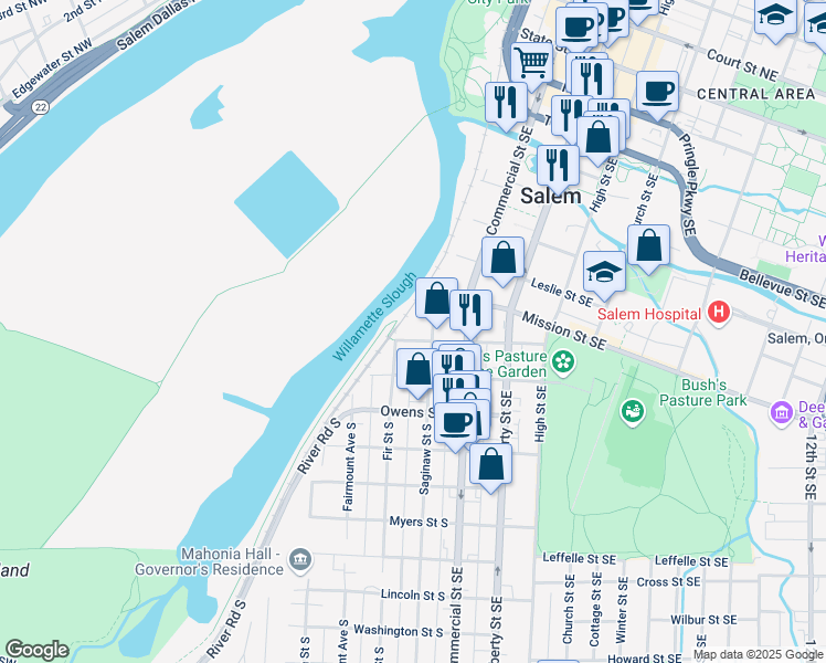 map of restaurants, bars, coffee shops, grocery stores, and more near 295 Kearney Street South in Salem