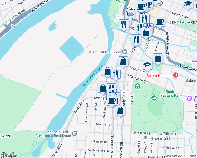 map of restaurants, bars, coffee shops, grocery stores, and more near 295 Kearney Street South in Salem