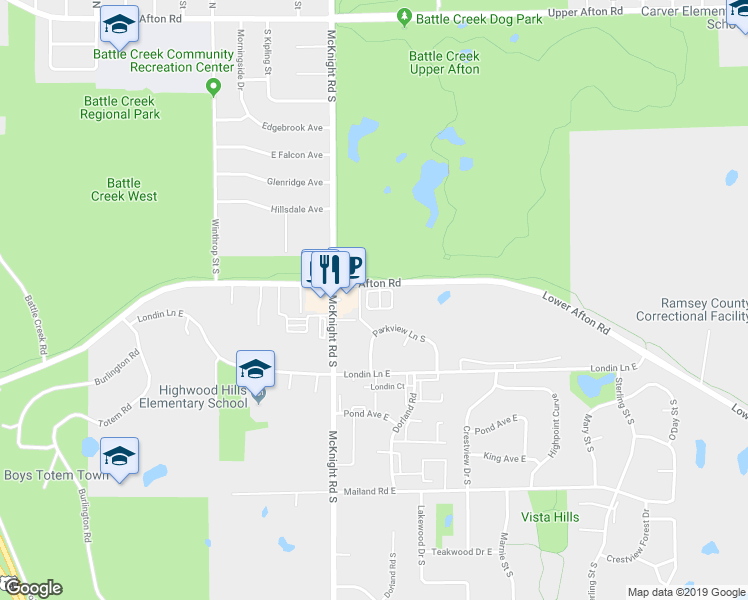 map of restaurants, bars, coffee shops, grocery stores, and more near 2300 Lower Afton Road in Maplewood