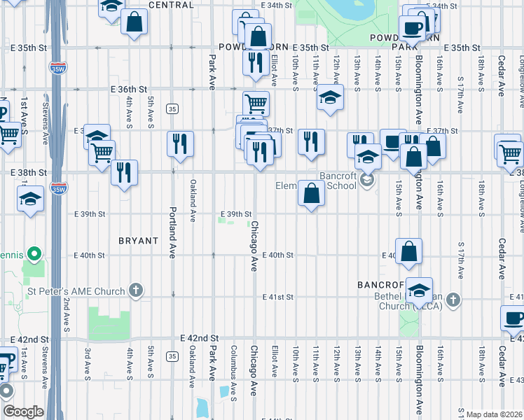 map of restaurants, bars, coffee shops, grocery stores, and more near in Minneapolis