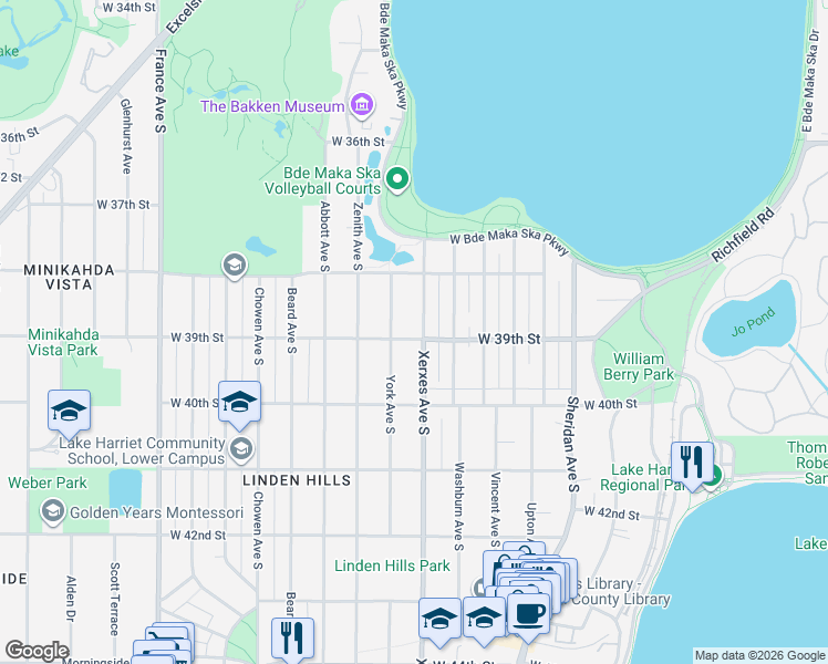 map of restaurants, bars, coffee shops, grocery stores, and more near 3847 York Avenue South in Minneapolis