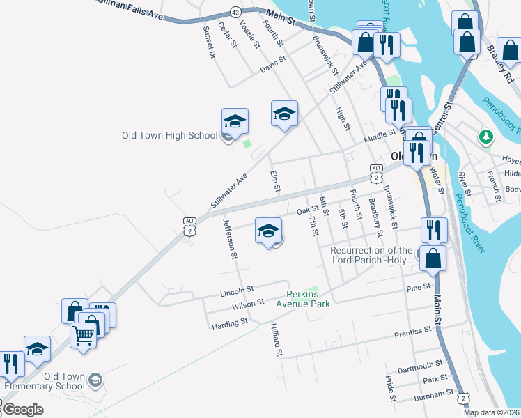 map of restaurants, bars, coffee shops, grocery stores, and more near 357 Center Street in Old Town