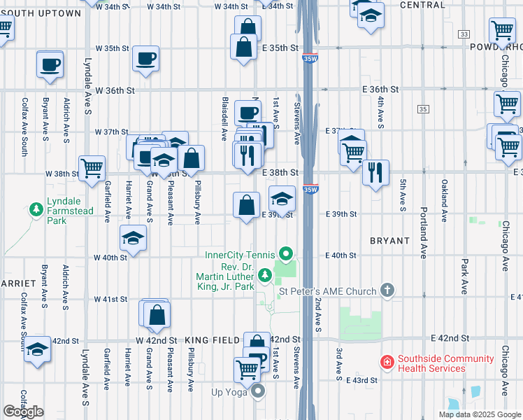 map of restaurants, bars, coffee shops, grocery stores, and more near 6 East 39th Street in Minneapolis