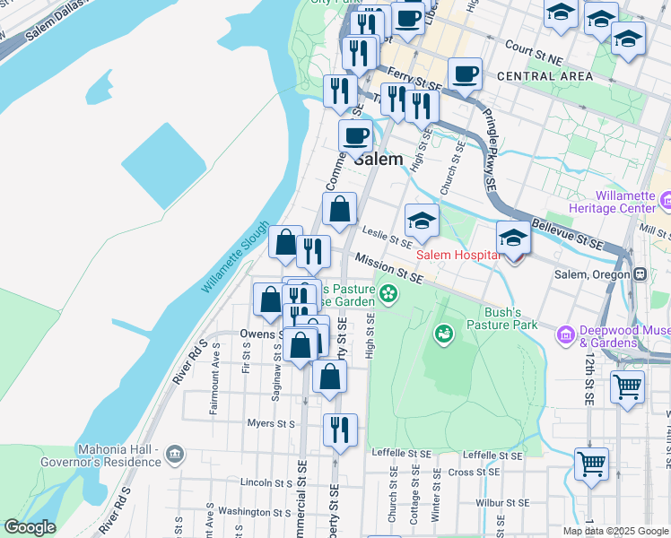 map of restaurants, bars, coffee shops, grocery stores, and more near 833 Liberty Street Southeast in Salem