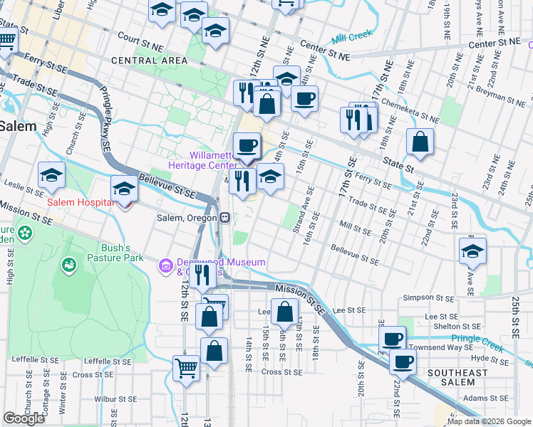 map of restaurants, bars, coffee shops, grocery stores, and more near 480 14th Street Southeast in Salem