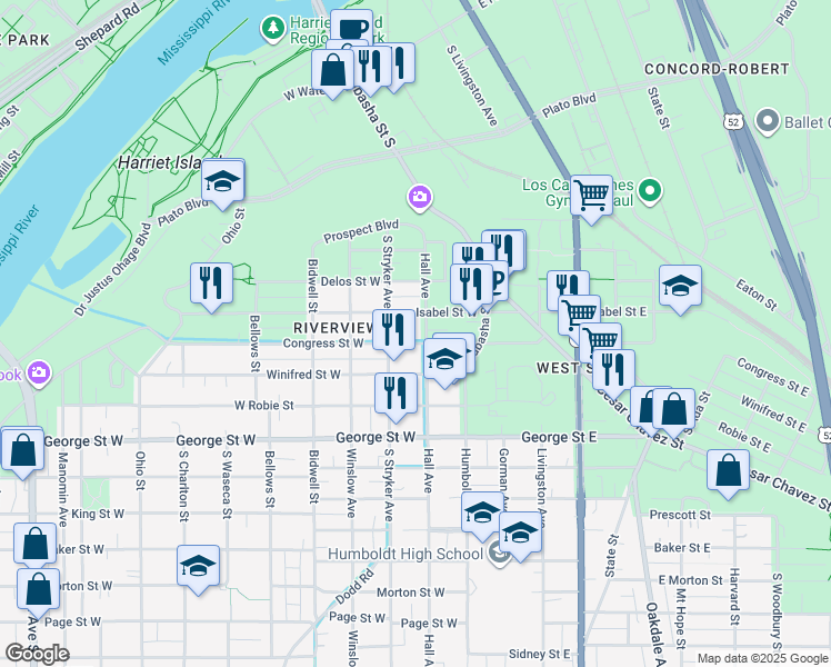 map of restaurants, bars, coffee shops, grocery stores, and more near 449 Hall Avenue in Saint Paul