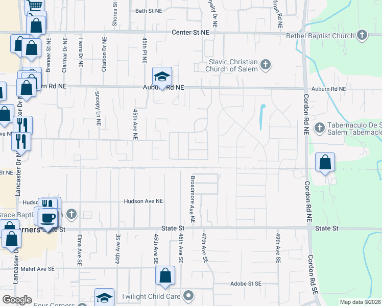 map of restaurants, bars, coffee shops, grocery stores, and more near Salem Greene Estates in Salem