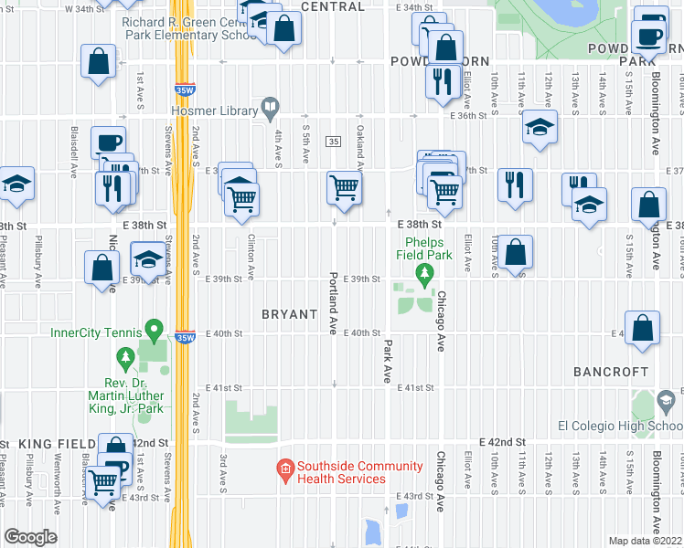 map of restaurants, bars, coffee shops, grocery stores, and more near 3853 Portland Avenue in Minneapolis