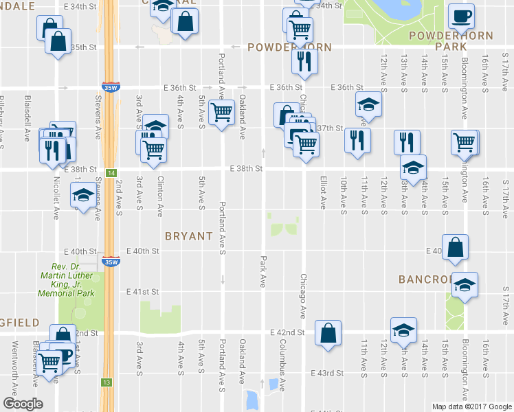 map of restaurants, bars, coffee shops, grocery stores, and more near 3852 Park Avenue in Minneapolis