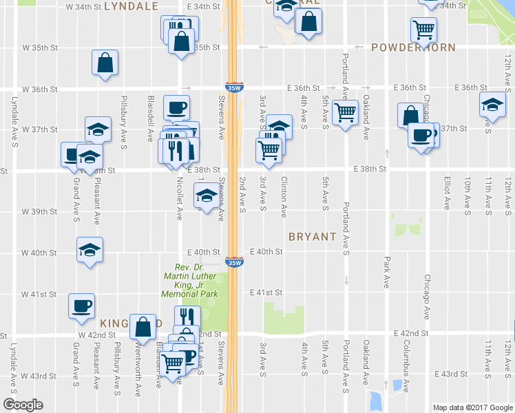 map of restaurants, bars, coffee shops, grocery stores, and more near 3854 3rd Ave S in Minneapolis