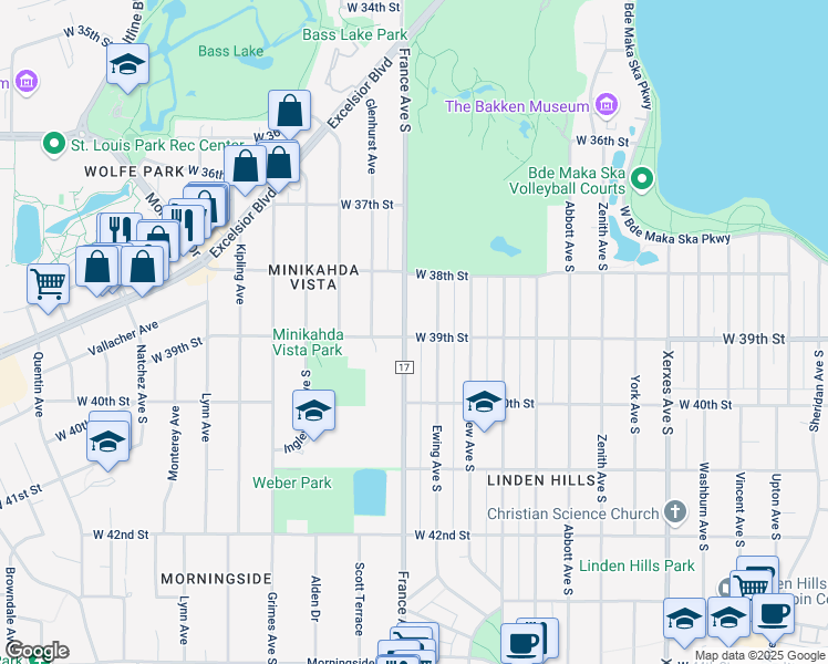 map of restaurants, bars, coffee shops, grocery stores, and more near 3841 France Avenue South in Minneapolis