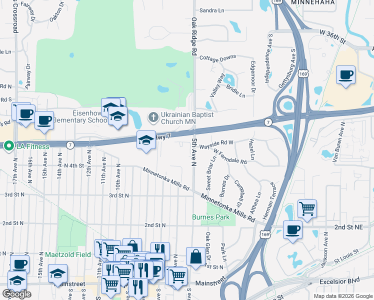 map of restaurants, bars, coffee shops, grocery stores, and more near 460 5th Avenue North in Hopkins