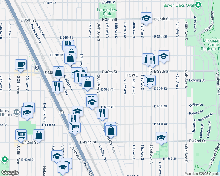 map of restaurants, bars, coffee shops, grocery stores, and more near 3857 37th Ave S in Minneapolis