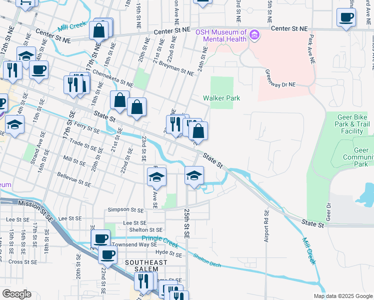 map of restaurants, bars, coffee shops, grocery stores, and more near 2450 State Street in Salem