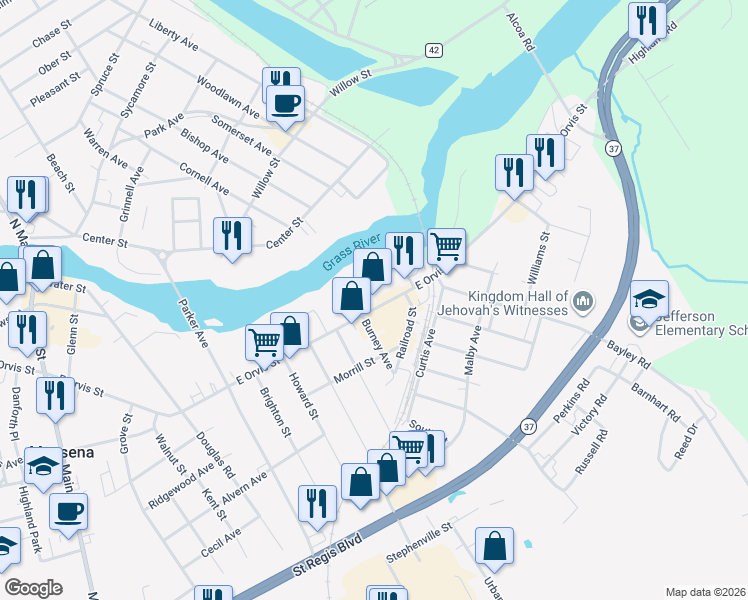 map of restaurants, bars, coffee shops, grocery stores, and more near 260 East Orvis Street in Massena