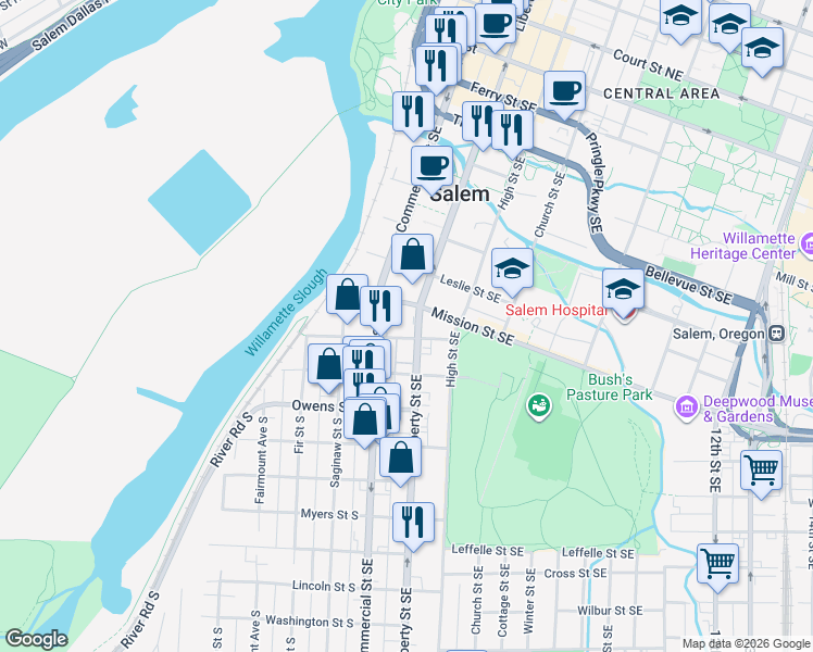 map of restaurants, bars, coffee shops, grocery stores, and more near 823 Liberty Street Southeast in Salem
