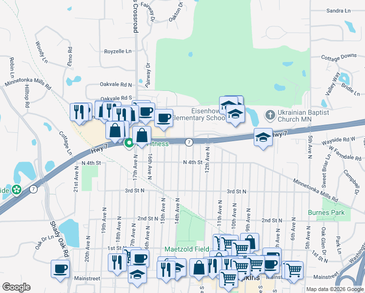 map of restaurants, bars, coffee shops, grocery stores, and more near 425 14th Avenue North in Hopkins
