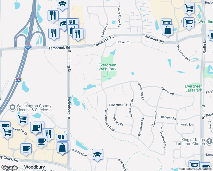 map of restaurants, bars, coffee shops, grocery stores, and more near 7764 Somerset Road in Woodbury