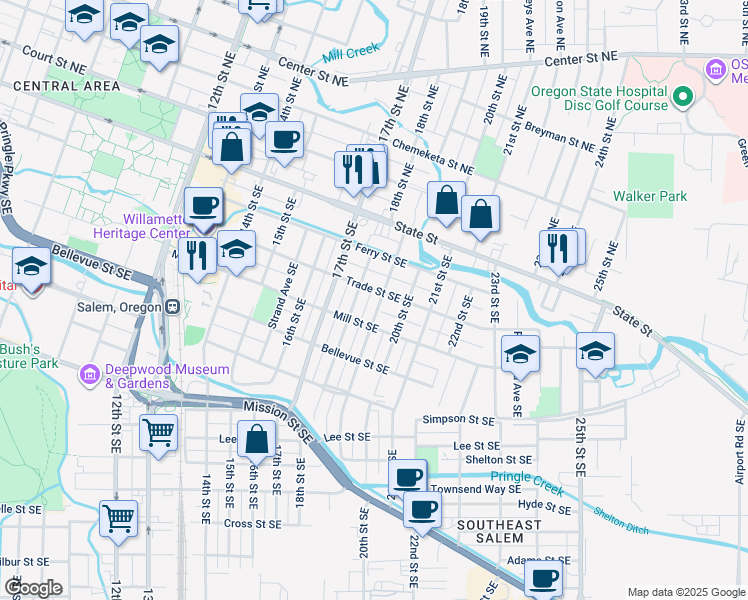 map of restaurants, bars, coffee shops, grocery stores, and more near 321 19th Street Southeast in Salem