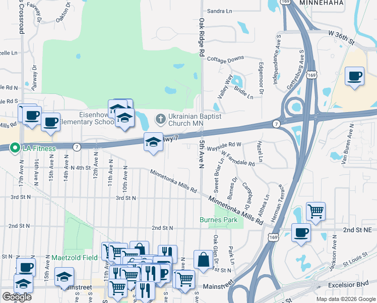 map of restaurants, bars, coffee shops, grocery stores, and more near 460 5th Avenue North in Hopkins