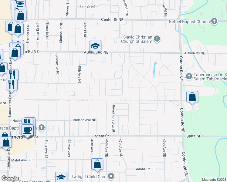 map of restaurants, bars, coffee shops, grocery stores, and more near Salem Greene Estates in Salem