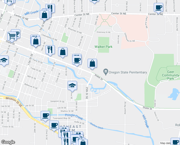 map of restaurants, bars, coffee shops, grocery stores, and more near State St & 25th St NE in Salem